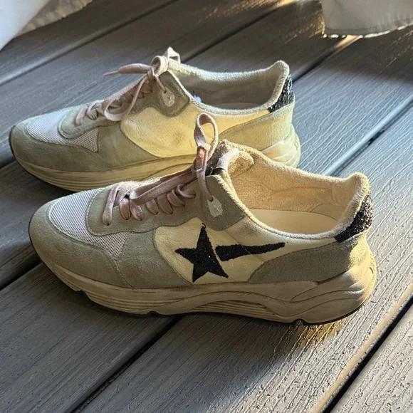 Golden Goose Running Beige and Black Star Sneakers Size 41 Like New!
